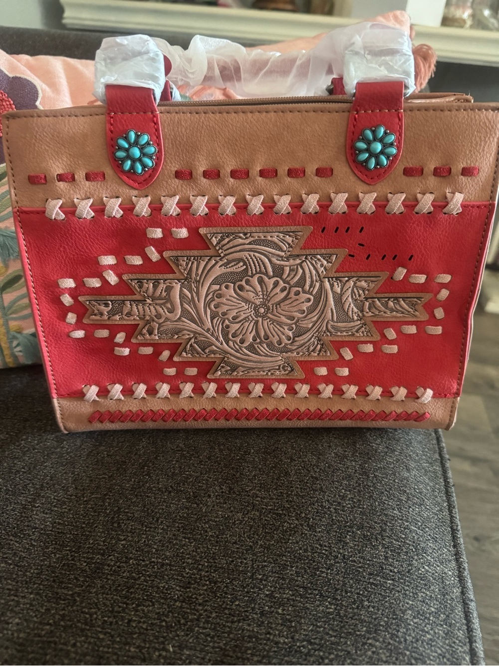Women’s Red and Tan Embossed Southwestern Tote Bag